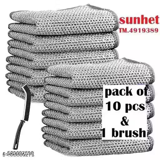 10 Pack Non-Scratch Wire Dishcloth & 1 Gaps Cleaning Brush, Multipurpose Wire Dishwashing Rags for Wet and Dry, Easy Rinsing, Reusable, Wire Cleaning Cloth for Kitchen, Sinks (10 Cloth+1 Brush)